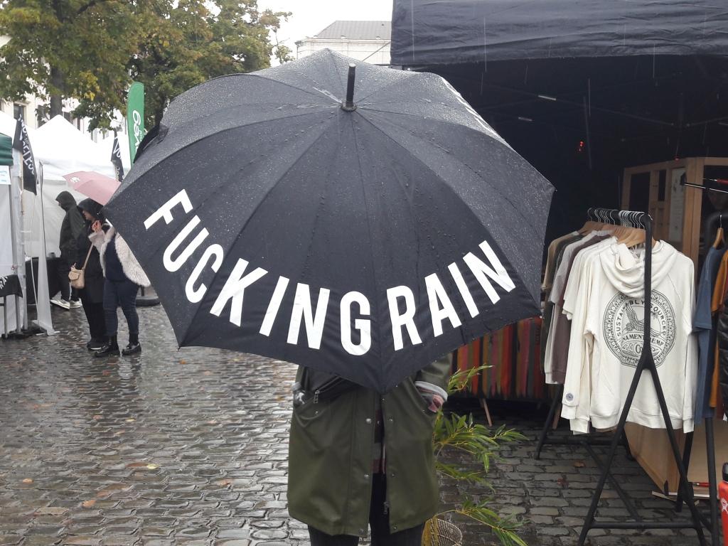 Umbrella that says 'fucking rain'